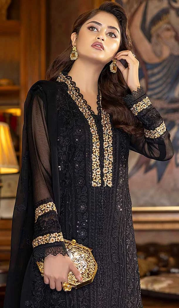 Black Color Embroidery Work Faux Georgette Evening Wear Churidar Suit -4491154948