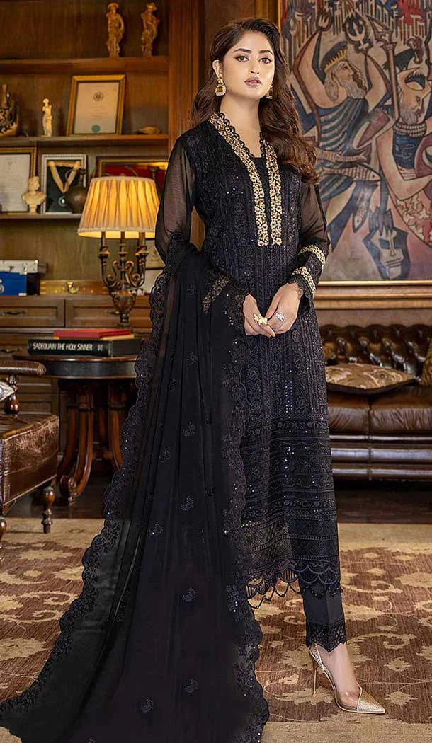 Black Color Embroidery Work Faux Georgette Evening Wear Churidar Suit -4491154948