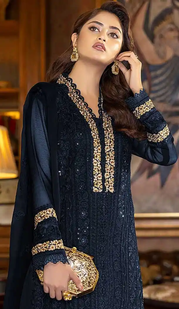 Navy Blue Embroidery Work Faux Georgette Evening Wear Churidar Suit -4491154949