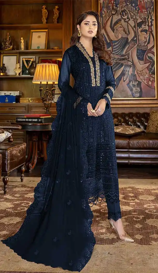 Navy Blue Embroidery Work Faux Georgette Evening Wear Churidar Suit -4491154949