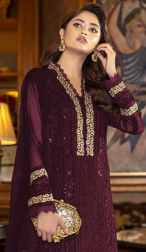 Wine Color Embroidery Work Faux Georgette Evening Wear Churidar Suit -4491154950