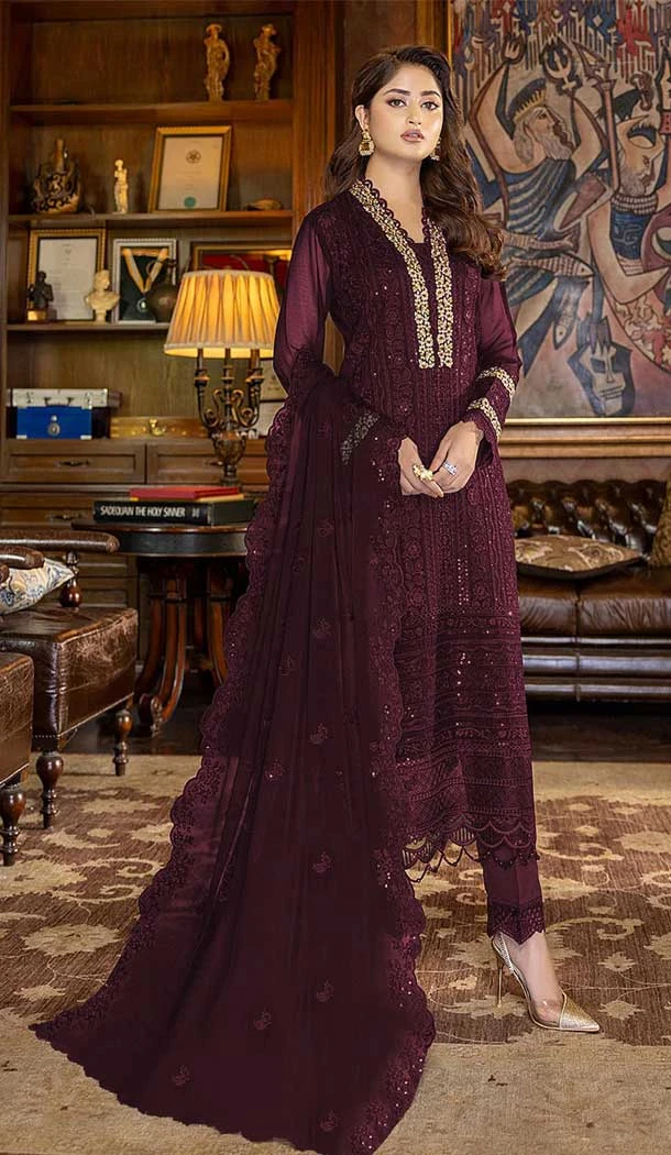 Wine Color Embroidery Work Faux Georgette Evening Wear Churidar Suit -4491154950