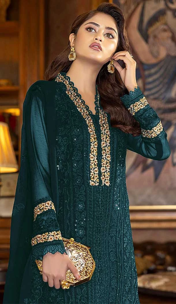 Sea Blue Color Embroidery Work Faux Georgette Evening Wear Churidar Suit -4491154951