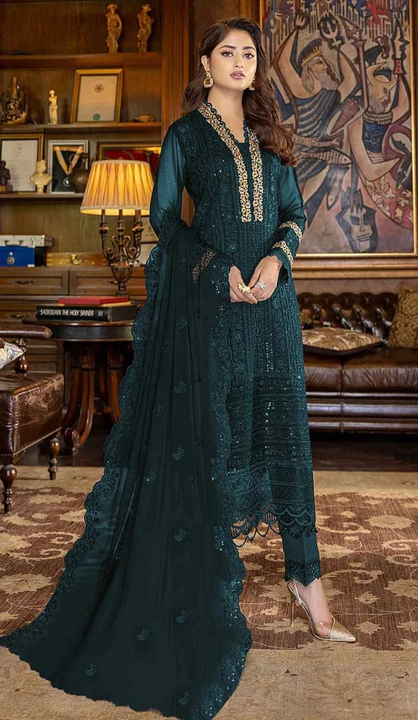 Sea Blue Color Embroidery Work Faux Georgette Evening Wear Churidar Suit -4491154951