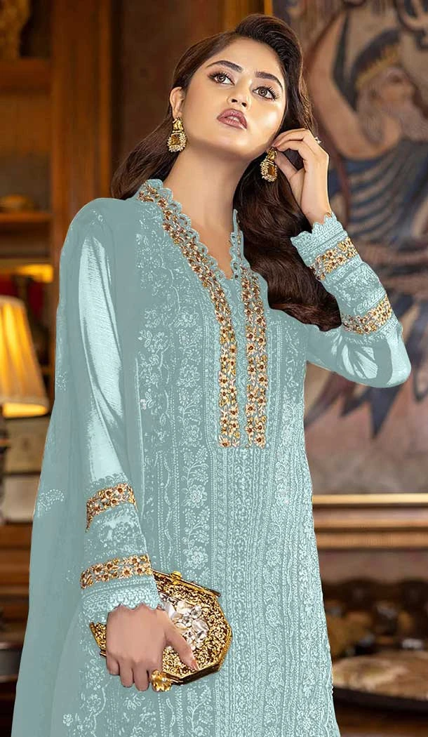 Sky Blue Color Embroidery Work Faux Georgette Evening Wear Churidar Suit -4491154952