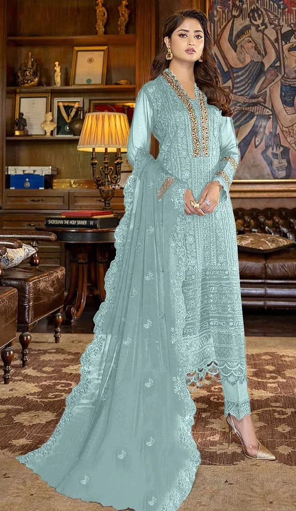 Sky Blue Color Embroidery Work Faux Georgette Evening Wear Churidar Suit -4491154952