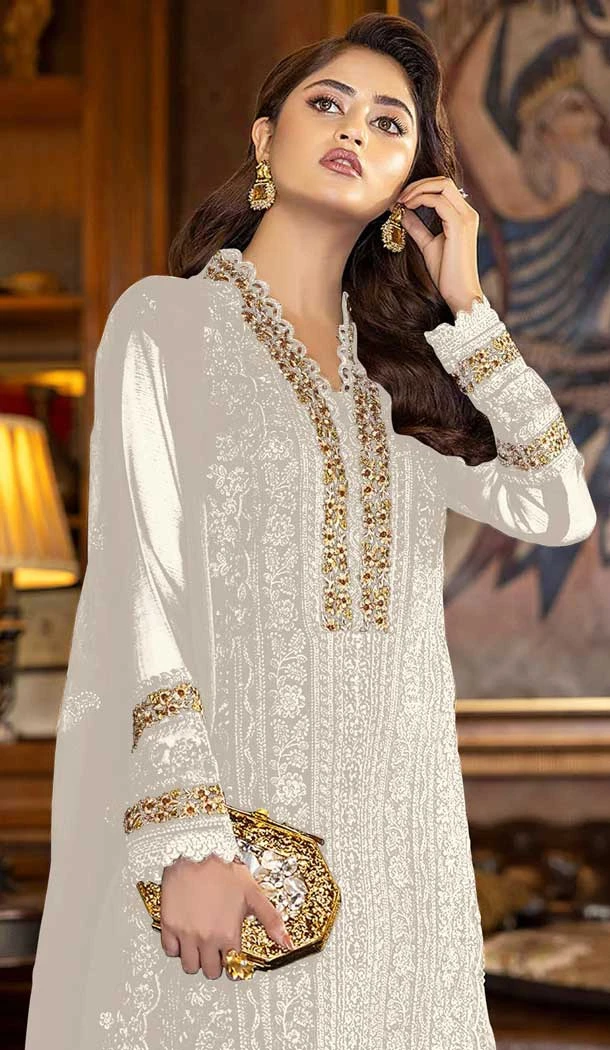 White Color Embroidery Work Faux Georgette Evening Wear Churidar Suit -4491154953