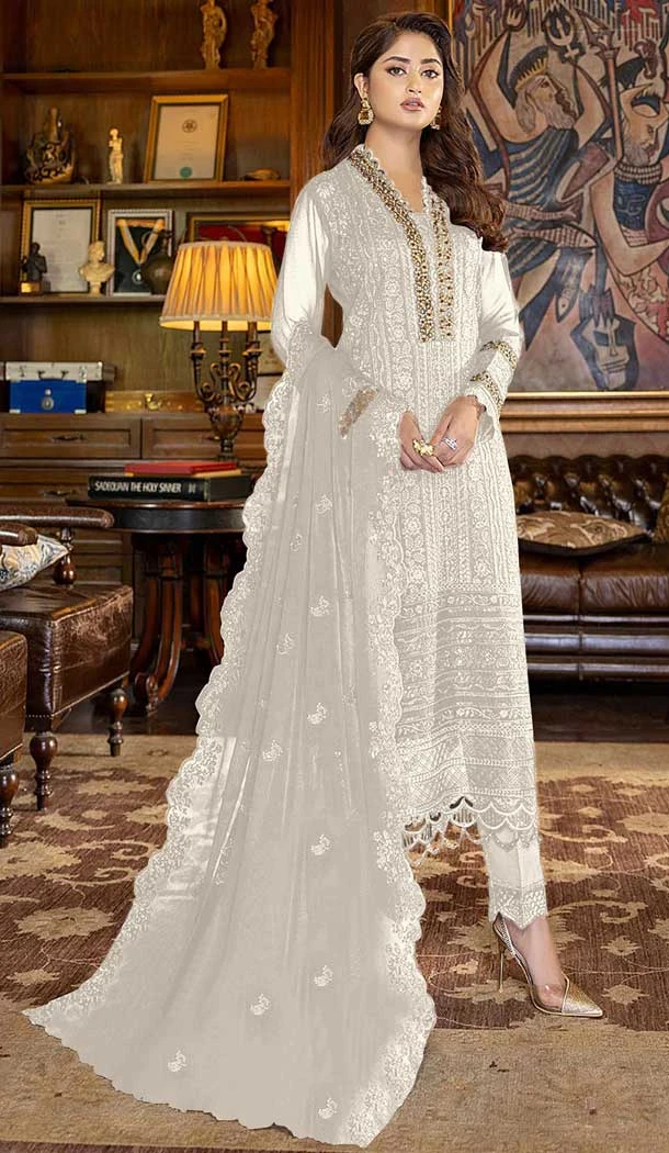 White Color Embroidery Work Faux Georgette Evening Wear Churidar Suit -4491154953