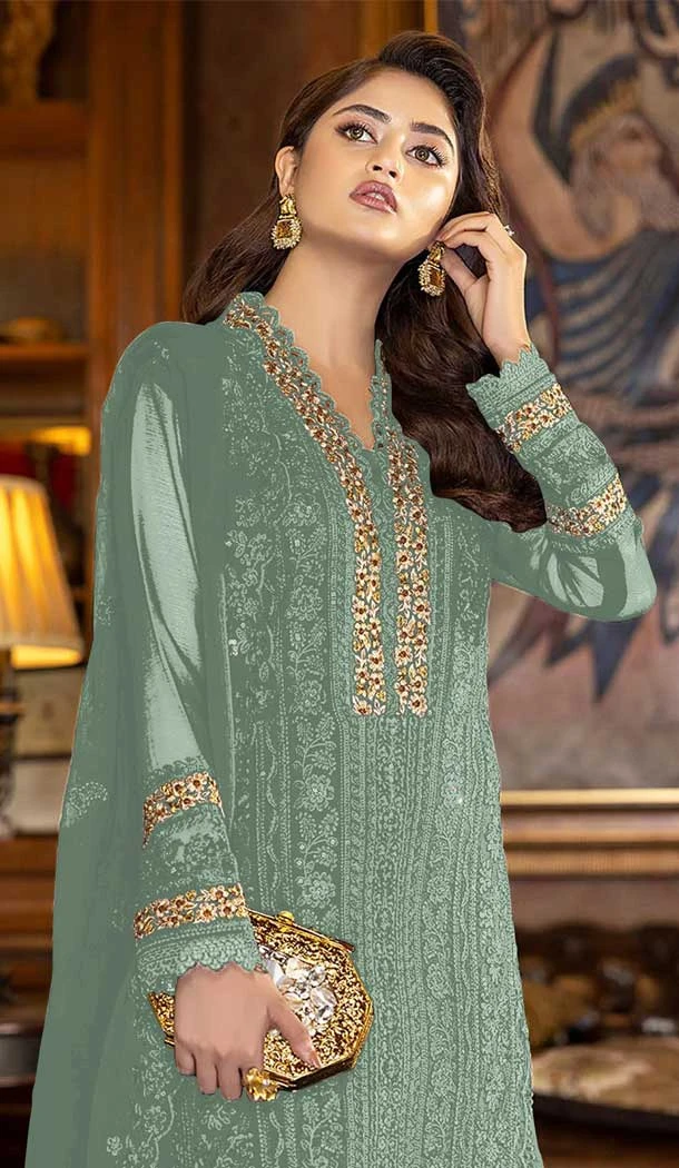 Pista Green Color Embroidery Work Faux Georgette Evening Wear Churidar Suit -4491154955
