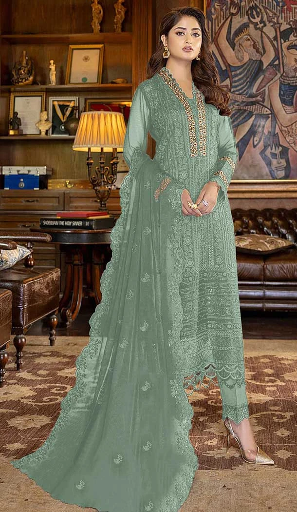 Pista Green Color Embroidery Work Faux Georgette Evening Wear Churidar Suit -4491154955
