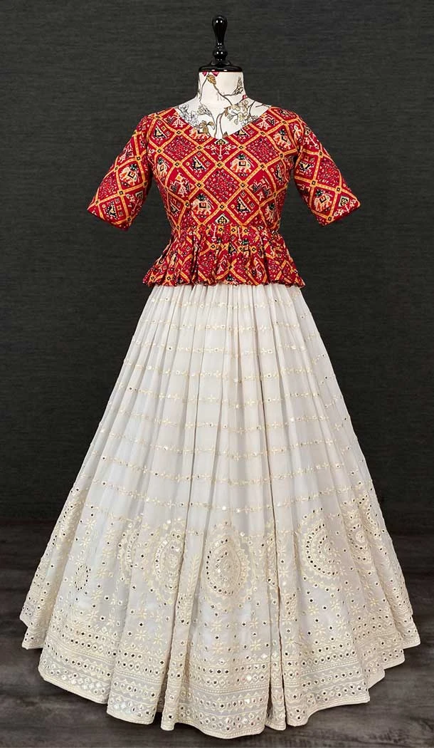 White Color Georgette Lucknowi Paper Mirror Work Readymade Women Lehenga Choli -4504155040