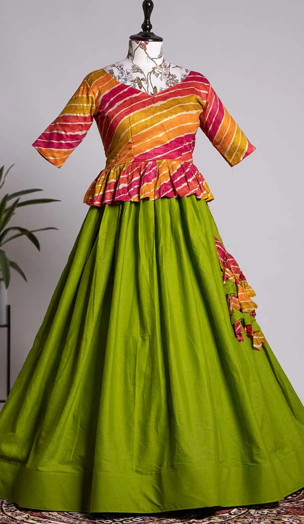 Parrot Green Color Pure Cotton Readymade Women Lehenga Choli -4504155046