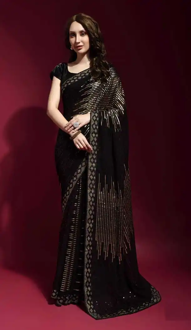 Black Color Georgette Swarovski Diamond Work Party Wear Saree -4325153651