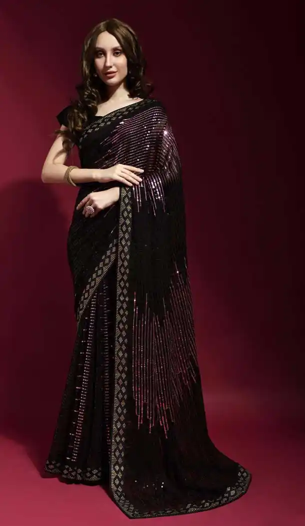 Wine Color Georgette Swarovski Diamond Work Party Wear Saree -4325153652