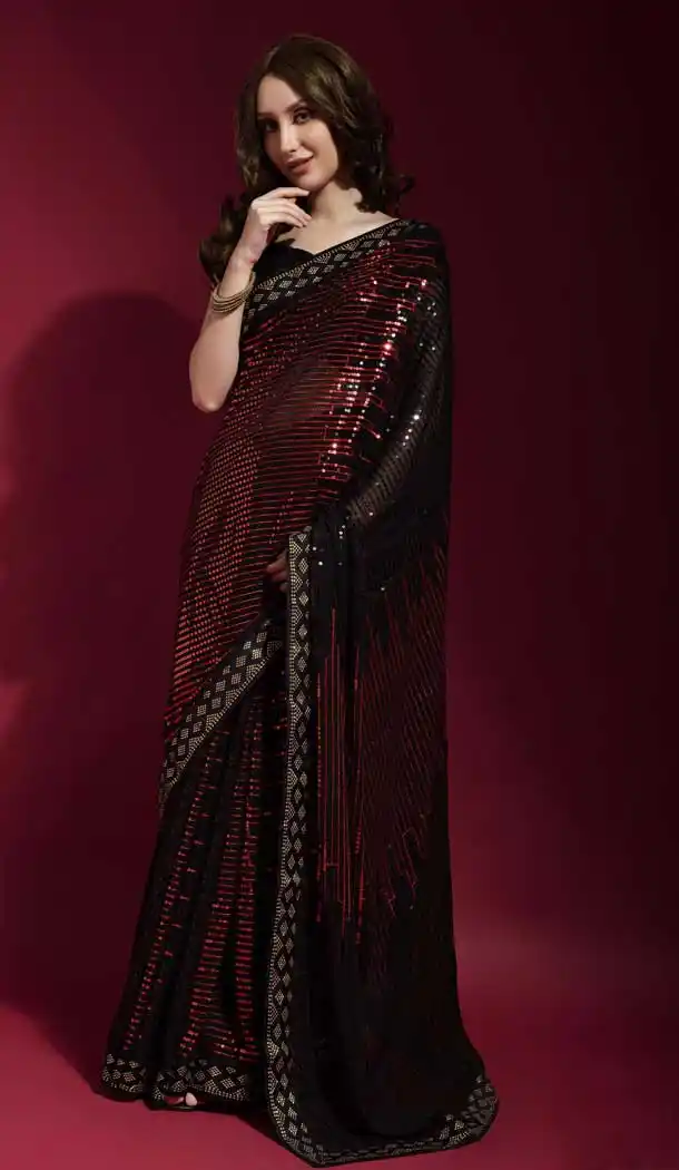 Red Color Georgette Swarovski Diamond Work Party Wear Saree -4325153656