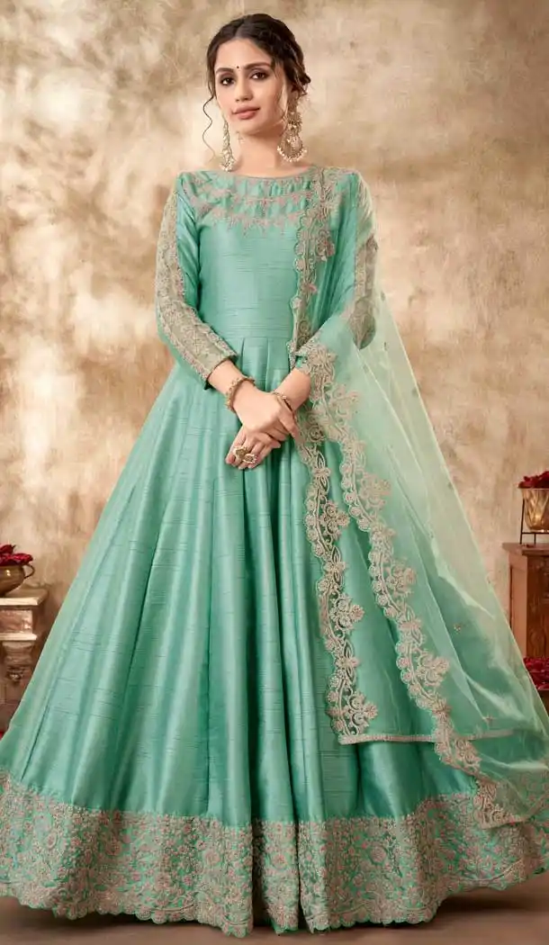 Enigmatic Light Rama Green Color Embroidery Art Silk Pakistani Long Anarkali Salwar Kameez - 4506155058