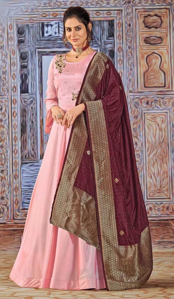Light Pink Color Art Silk Gown Style Readymade Party Salwar Kameez-4511155088