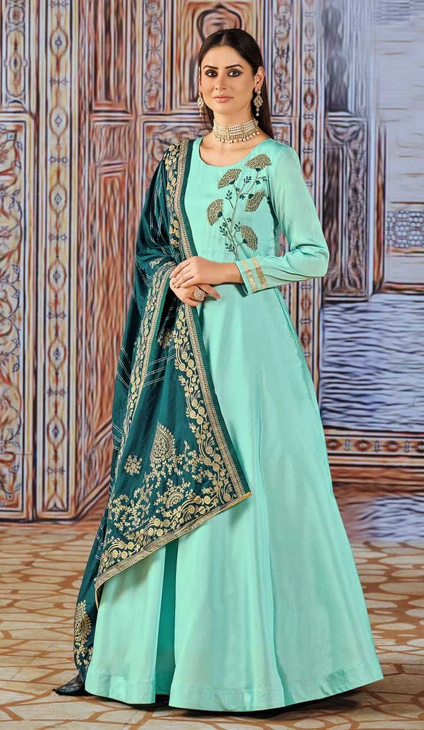 Sky Blue Color Art Silk Gown Style Readymade Party Salwar Kameez -4511155089