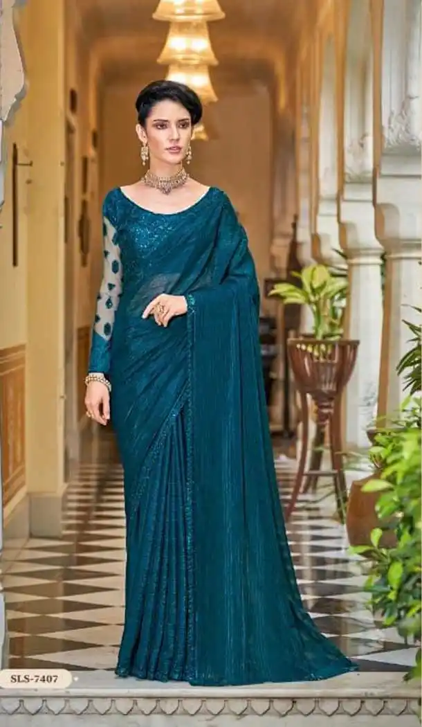 Teal Blue Color Silk Sequins Work Party Wear Plus Size Saree Blouse -4512155096