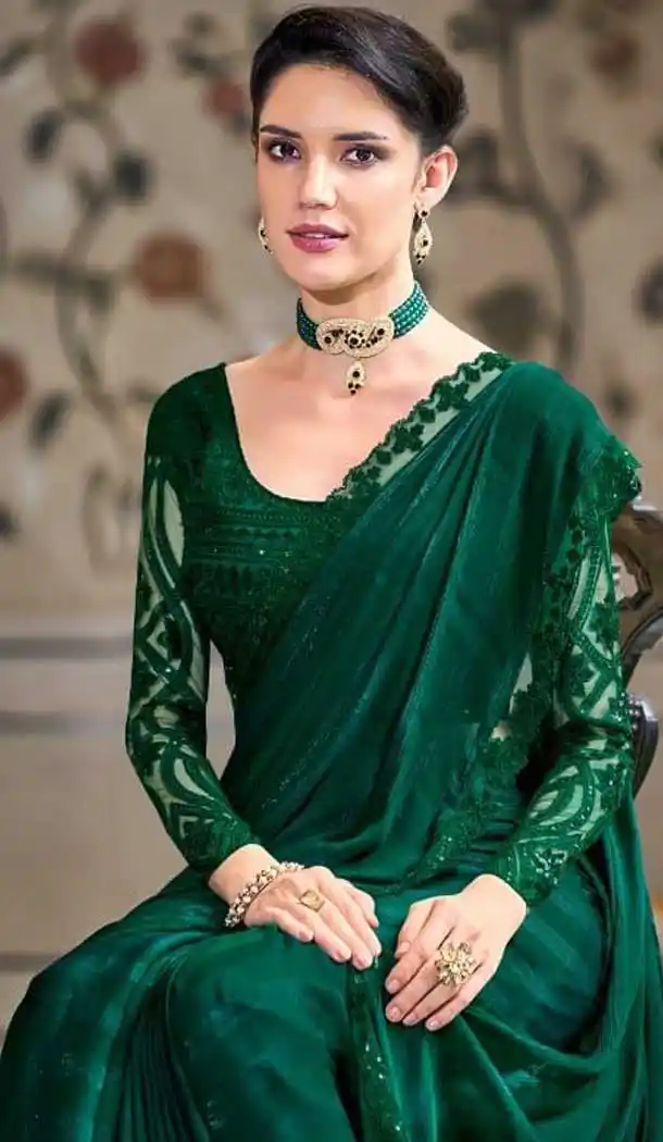 Green Color Silk Sequins Work Party Wear Plus Size Saree Blouse -4512155097