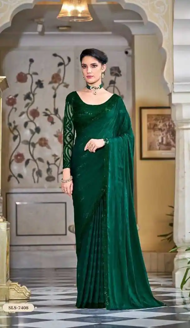 Green Color Silk Sequins Work Party Wear Plus Size Saree Blouse -4512155097