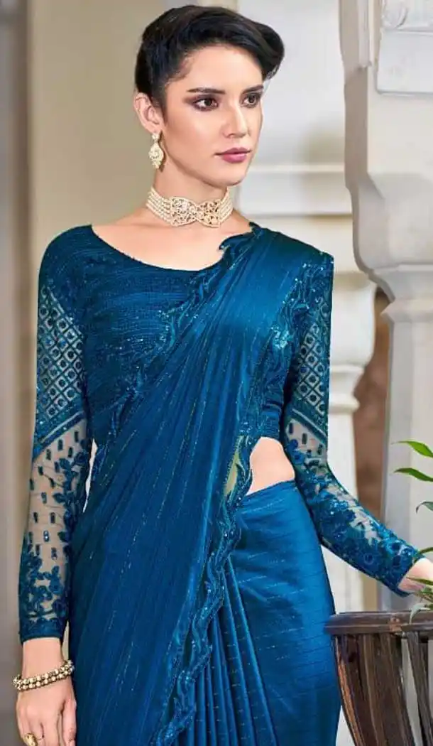 Teal Blue Color Silk Sequins Work Party Wear Plus Size Saree Blouse -4512155100