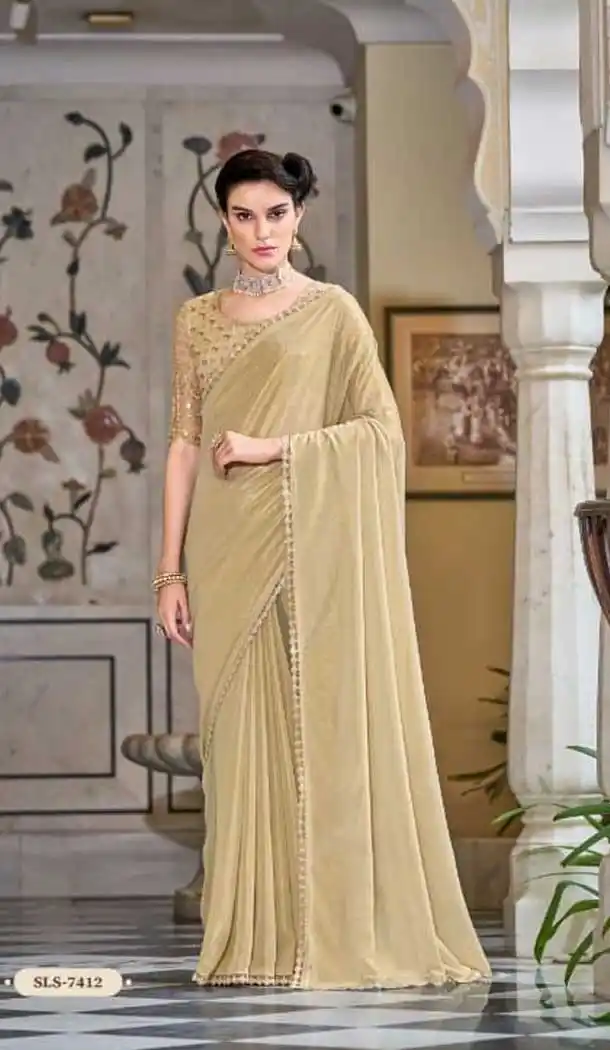 Beige Color Silk Sequins Work Party Wear Plus Size Saree Blouse -4512155101