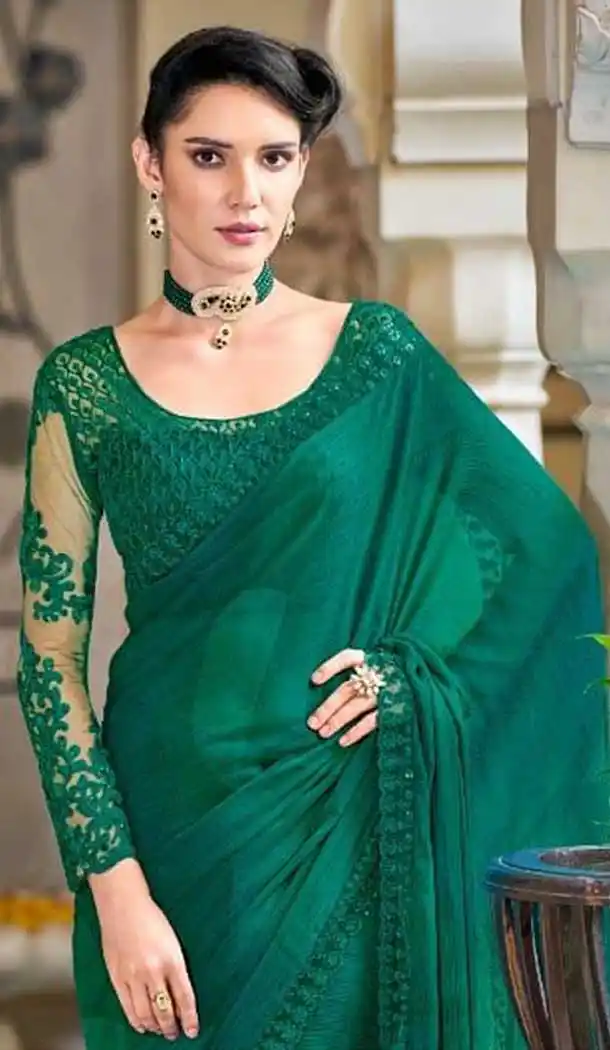 Teal Green Color Silk Sequins Work Party Wear Plus Size Saree Blouse -4512155102