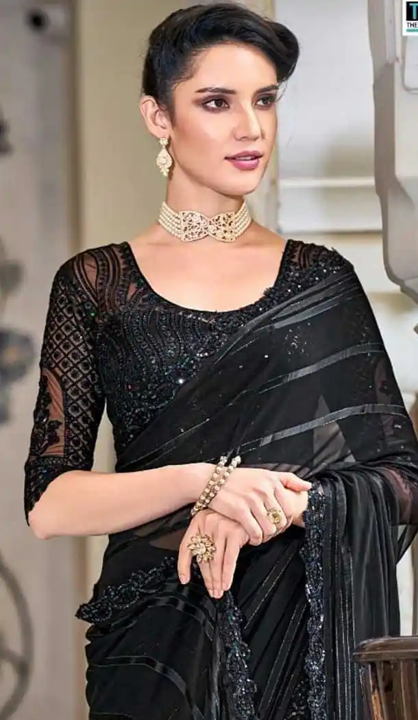 Black Color Silk Sequins Work Party Wear Plus Size Saree Blouse -4512155103