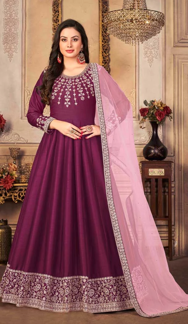 Purple Color Art Silk Embroidered Designer Party Wear Art Silk Salwar Suit -4513155105