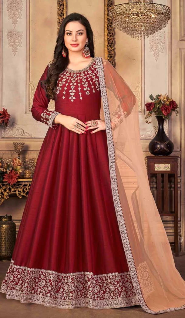 Maroon Color Art Silk Embroidered Designer Party Wear Art Silk Salwar Suit -4513155107