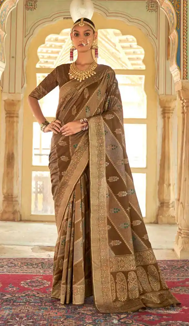 Rust Color Smooth Silk Foil Print Work Traditional Party Wear Saree -4515155122