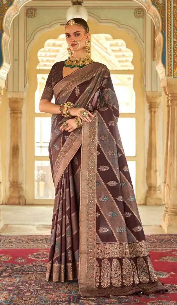 Brown Color Smooth Silk Foil Print Work Traditional Party Wear Saree -4515155124