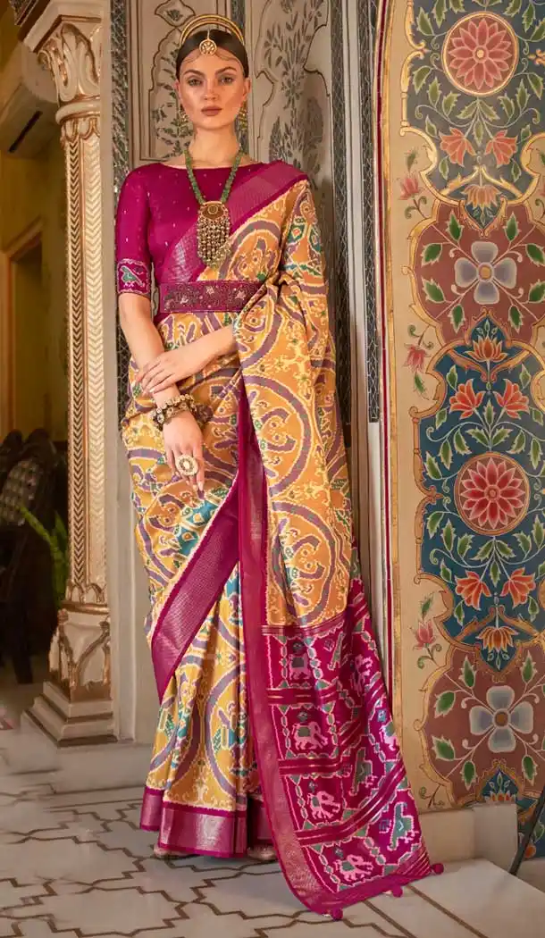 Beige Color Silk Patola Work Casual Party Wear Saree Blouse -4516155125