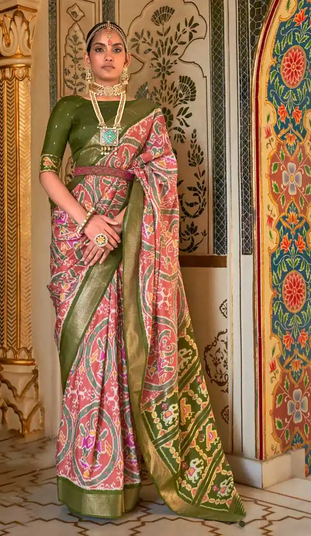 Olive Green Color Silk Patola Work Casual Party Wear Saree Blouse -4516155129