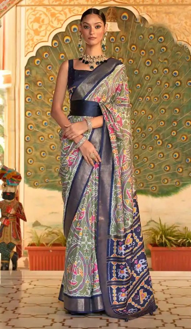 Navy Blue Color Silk Patola Work Casual Party Wear Saree Blouse -4516155130