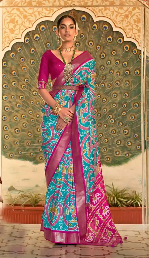 Sky Blue Color Silk Patola Work Casual Party Wear Saree Blouse -4516155131