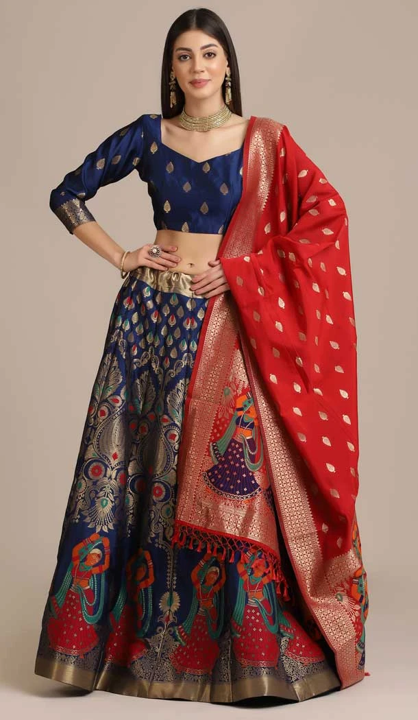 Navy Blue Jacquard Color Zari Work Traditional Party Wear Lehenga Choli - 451715536