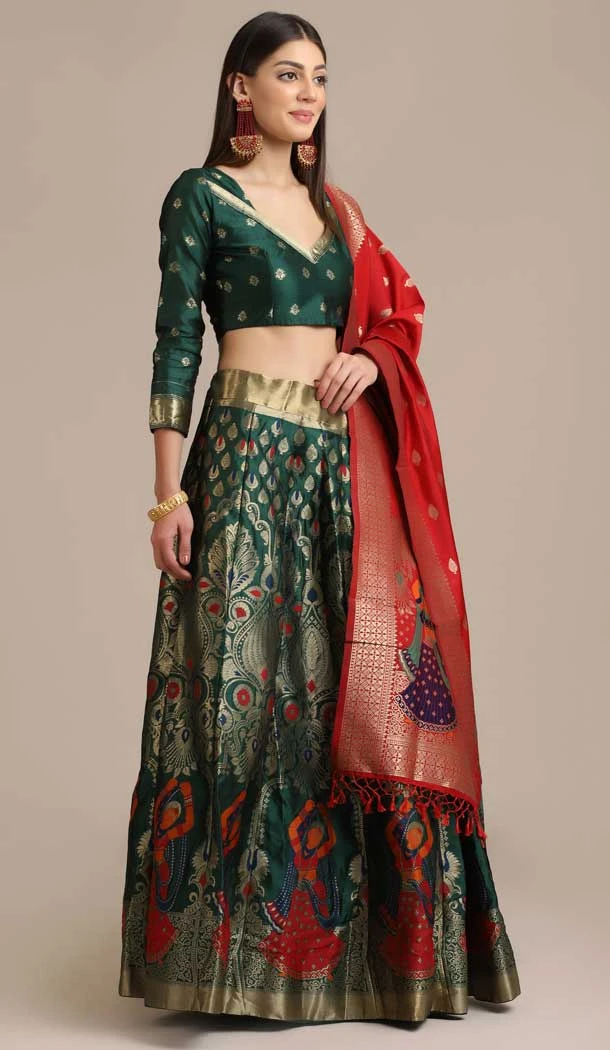 Green Color Jacquard Zari Work Traditional Party Wear Lehenga Choli - 451715537