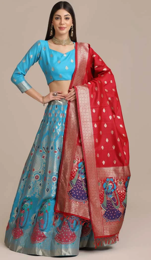 Sky Blue Color Jacquard Zari Work Traditional Party Wear Lehenga Choli - 451715538