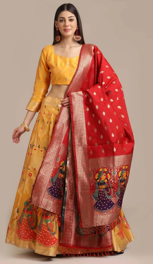 Yellow Color Jacquard Zari Work Traditional Party Wear Lehenga Choli - 451715540