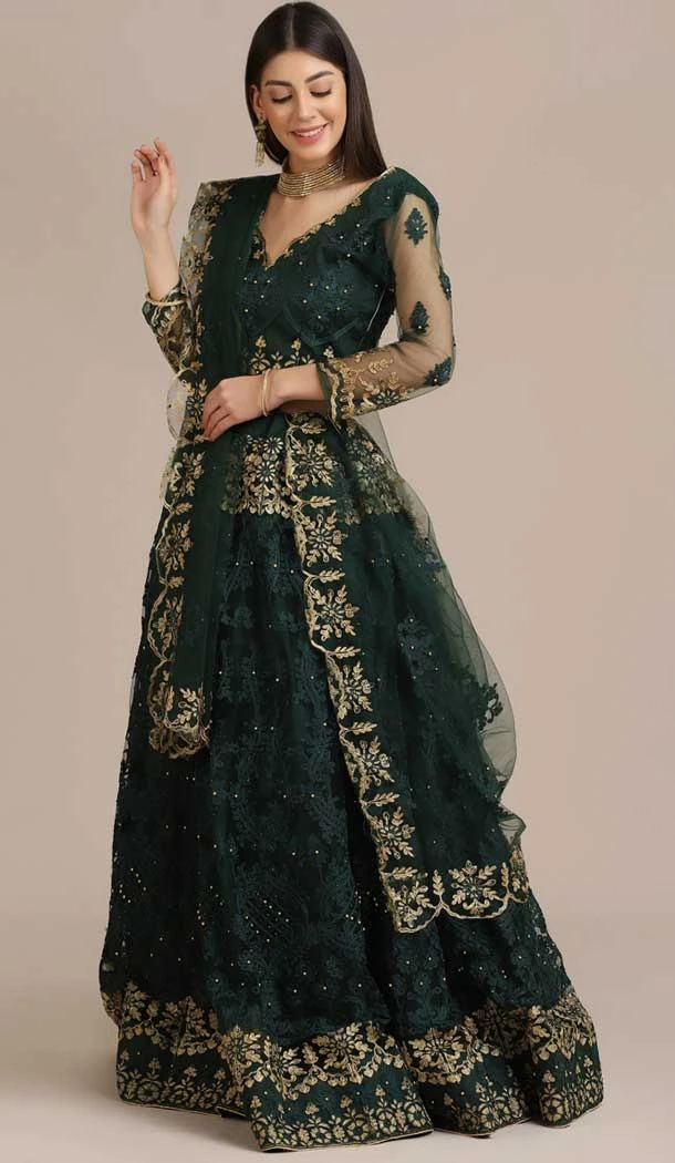 Beautiful Green Color Net Embroidery & Daimond Work Traditional Party Wear Lehenga Choli - 451715541