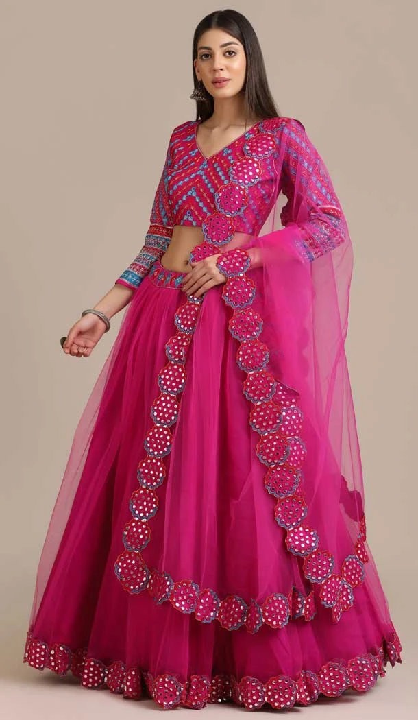 Pink Color Net Embroidery & Mirror Work Traditional Party Wear Lehenga Choli - 451715542