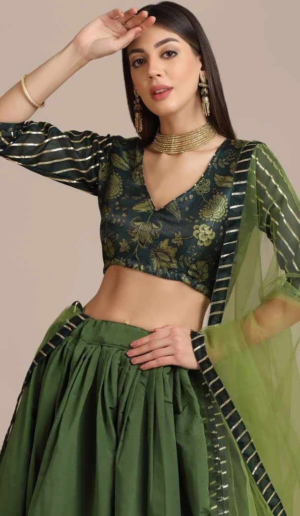 Mehendi Color Taffeta Silk Floral Print Traditional Party Wear Lehenga Choli - 4517155144