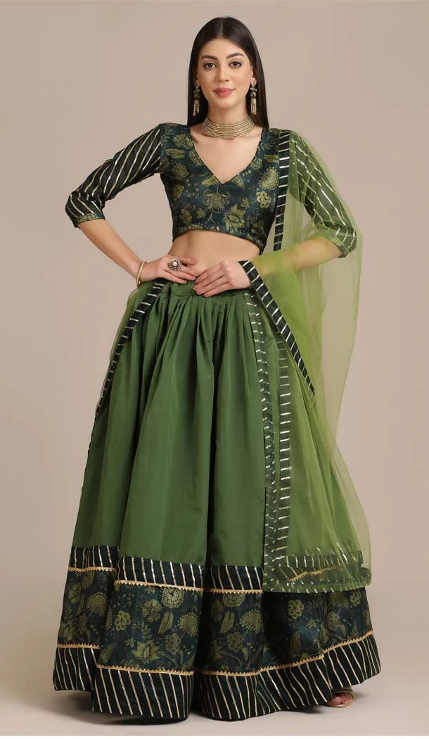 Mehendi Color Taffeta Silk Floral Print Traditional Party Wear Lehenga Choli - 4517155144