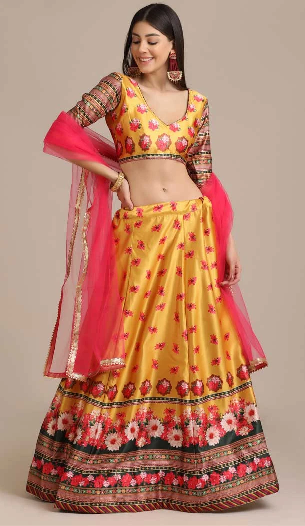 Yellow Color Gotta Zari Work Floral Print Traditional Party Wear Lehenga Choli - 4517155145
