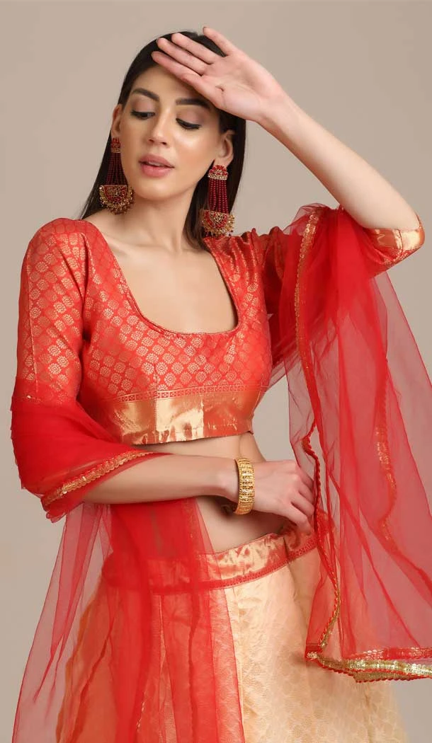 Cream Color Jacquard Gold Woven Work Traditional Party Wear Lehenga Choli - 451715547