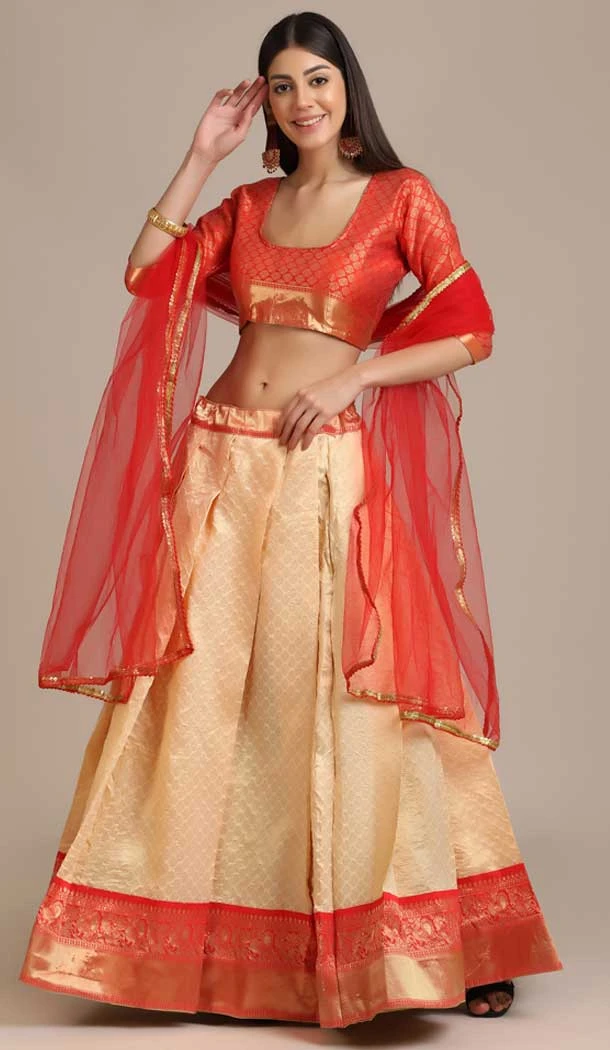 Cream Color Jacquard Gold Woven Work Traditional Party Wear Lehenga Choli - 451715547