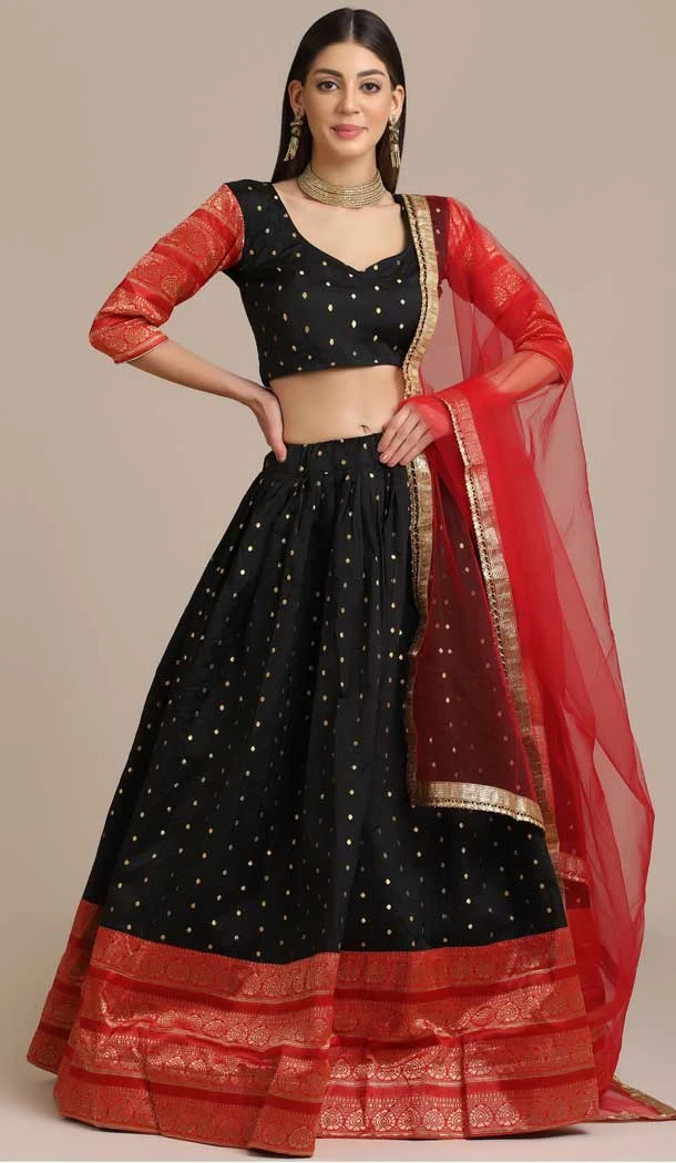 Black Color Jacquard Gold Woven Work Traditional Party Wear Lehenga Choli - 451715548