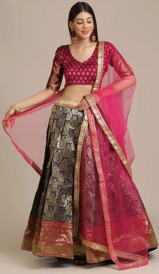 Blue Color Jacquard Gold Woven Work Traditional Party Wear Lehenga Choli - 451715549